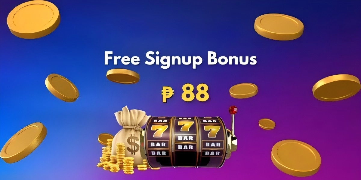 Blue and purple banner with a slot machine showing triple sevens, a money bag and gold coins beside a free signup bonus of 88 pesos headline