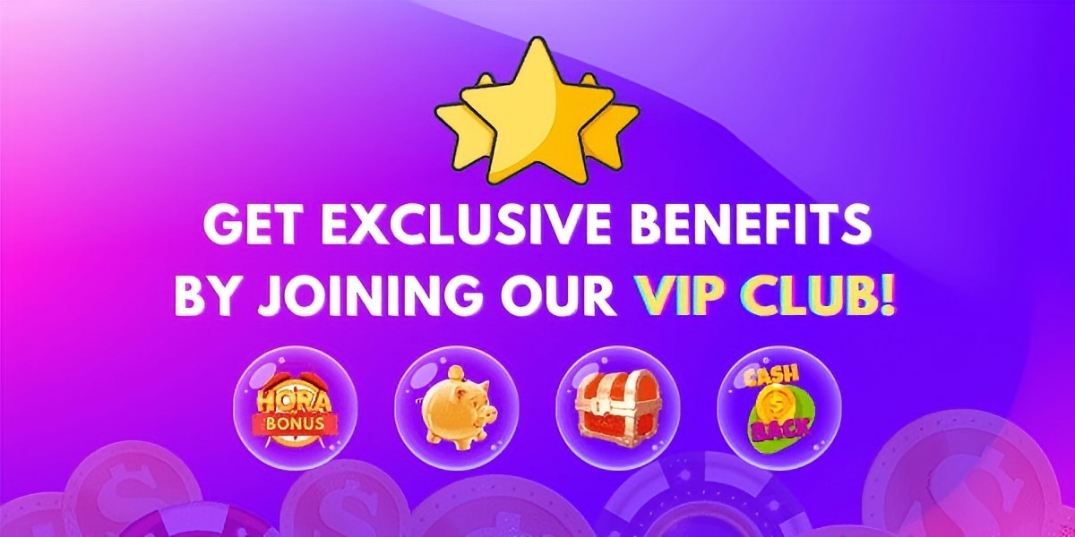 Purple and pink VIP club banner with gold stars and reward bubbles for hourly bonus, piggy bank, treasure chest and cash back