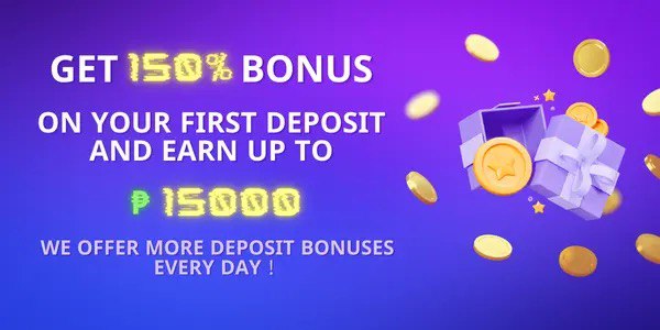 Banner promising a 150 percent first deposit bonus up to 15000 pesos, with an open gift box and flying gold coins on a purple-blue background